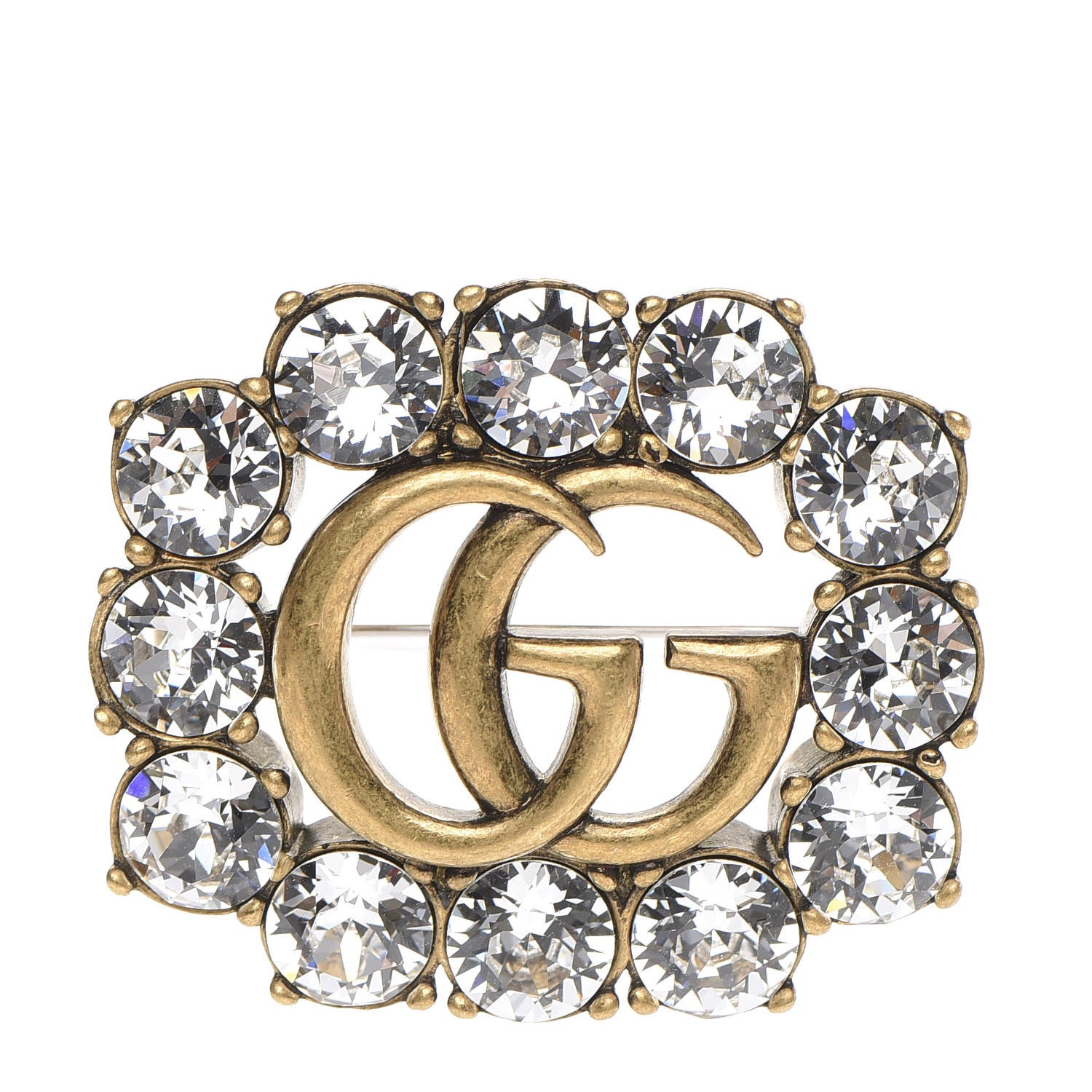 Gucci Metal Crystal Double G Brooch Aged Gold 1 of 4