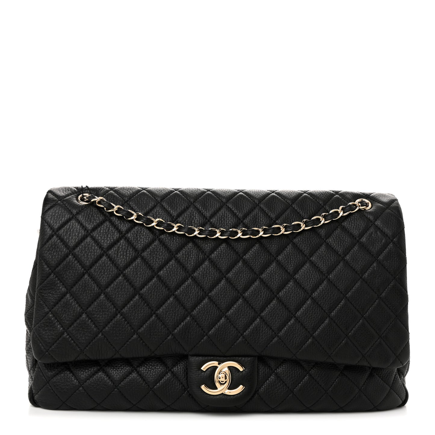 Calfskin Quilted XXL Travel Flap Bag Black