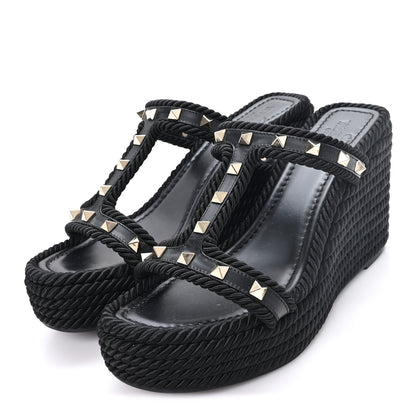 Valentino Garavani Calfskin Rockstud Torchon Espadrille Caged 25/90mm Wedge Sandals 38 Black 4 of 9