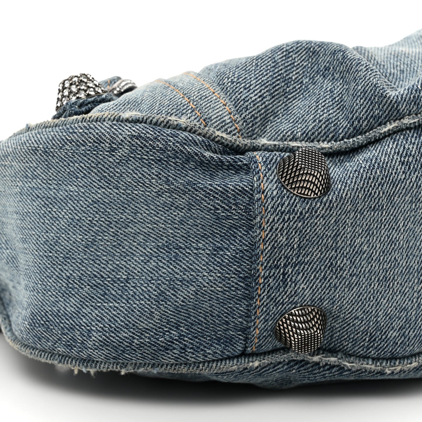 Washed Frayed Denim Crystal Small Le Cagole Shoulder Bag Blue