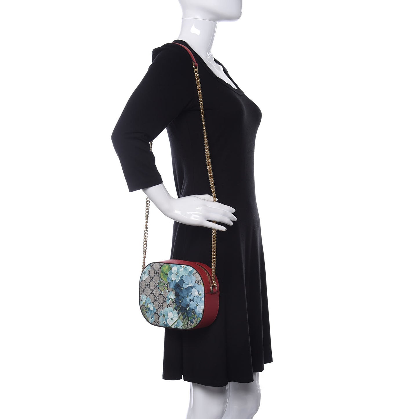 GG Supreme Monogram Blooms Mini Chain Shoulder Bag Beige Blue Navy Hibiscus Red