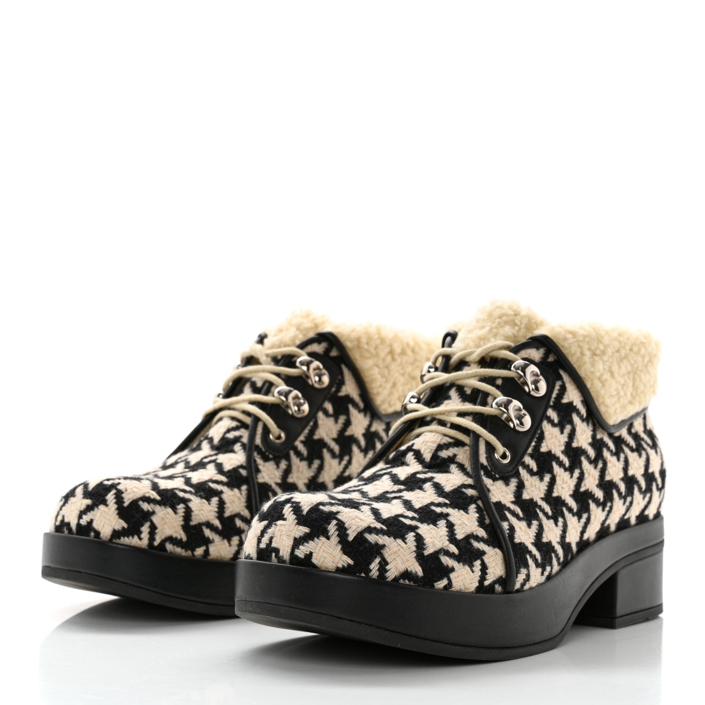 Optical Tweed Faux Shearling Houndstooth Victor Lace Up Ankle Boots 36 White Black