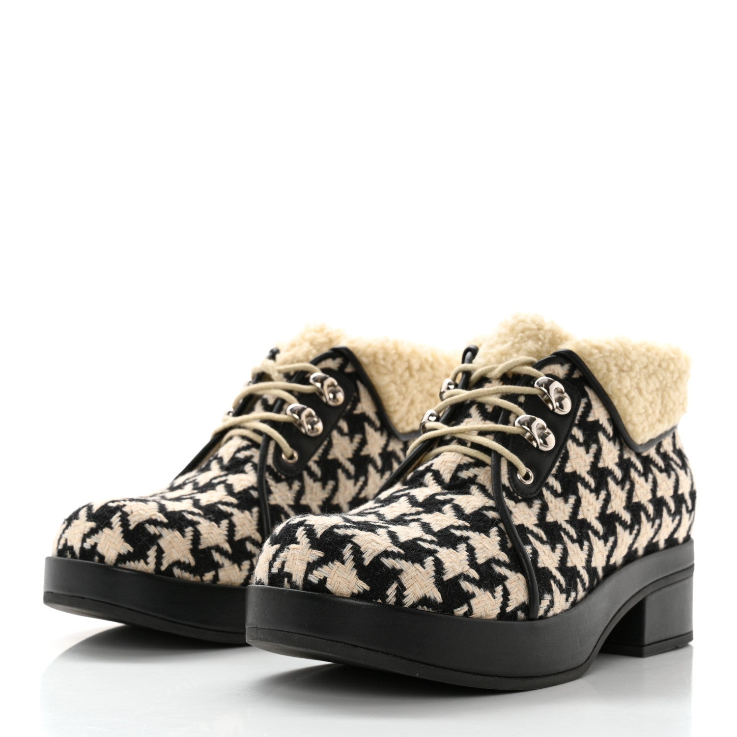Gucci Optical Tweed Faux Shearling Houndstooth Victor Lace Up Ankle Boots 36 White Black 3 of 10