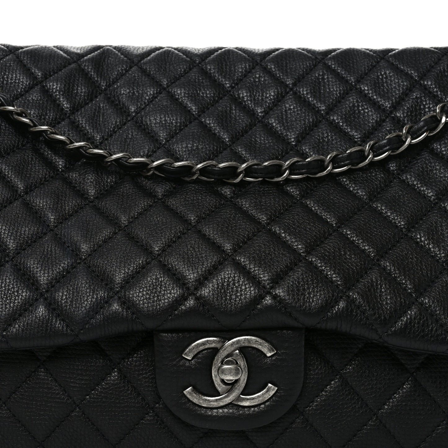 Grained Calfskin Quilted XXL Travel Flap Bag Black Black