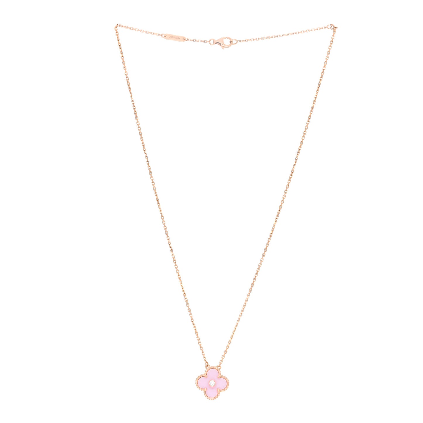 18K Rose Gold Diamond Pink Porcelain Vintage Alhambra Pendant Necklace