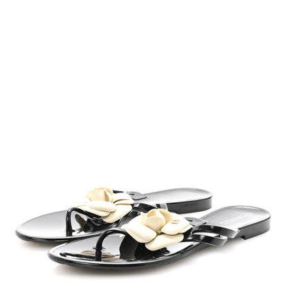 Chanel Jelly Camellia Thong Sandals 38 Black Ivory 4 of 8