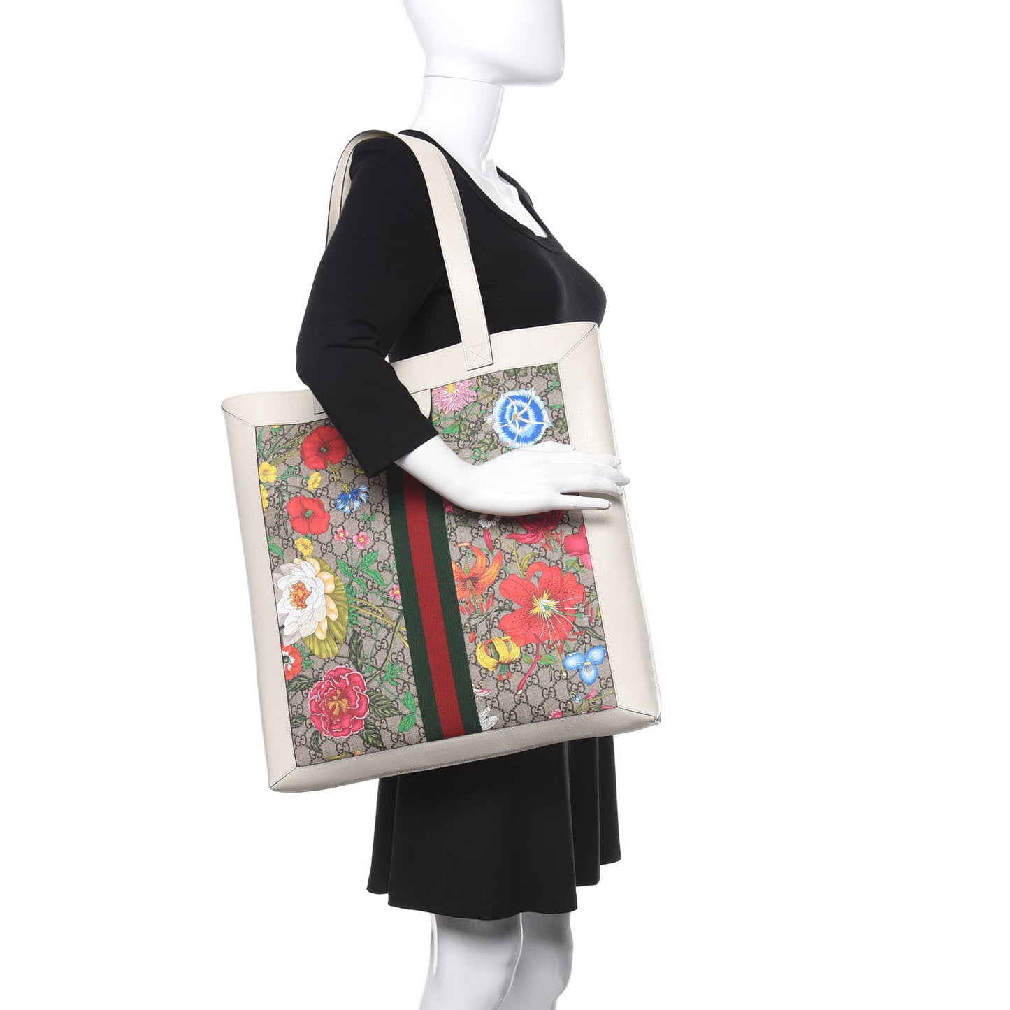 GG Supreme Monogram Flora Web Ophidia Vertical Shopping Tote White
