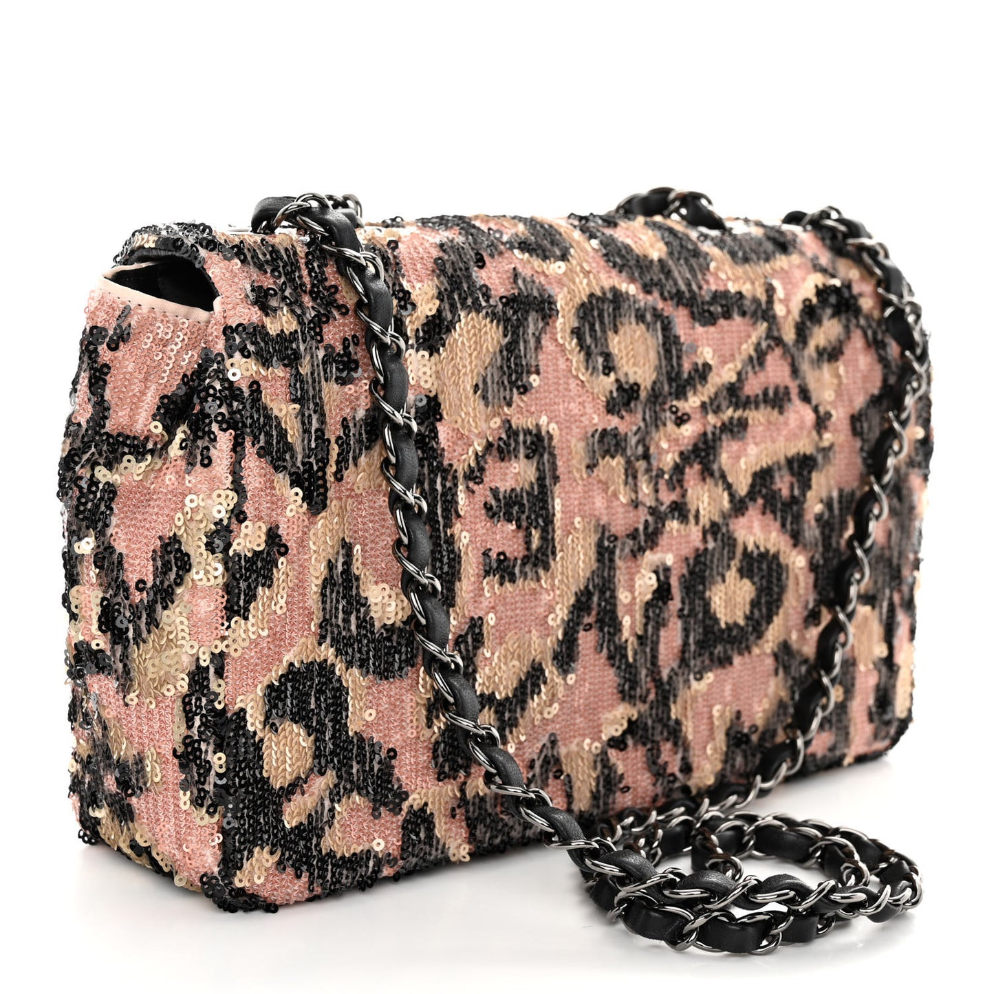 Sequin Leopard Print Quilted Medium Single Flap Pink Gold