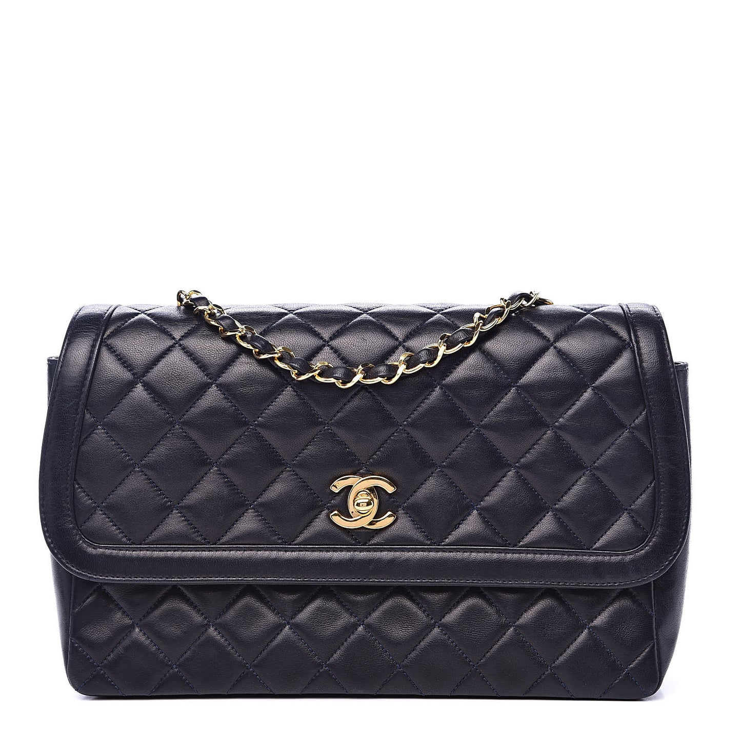 Lambskin Quilted Medium Single Flap Navy Blue