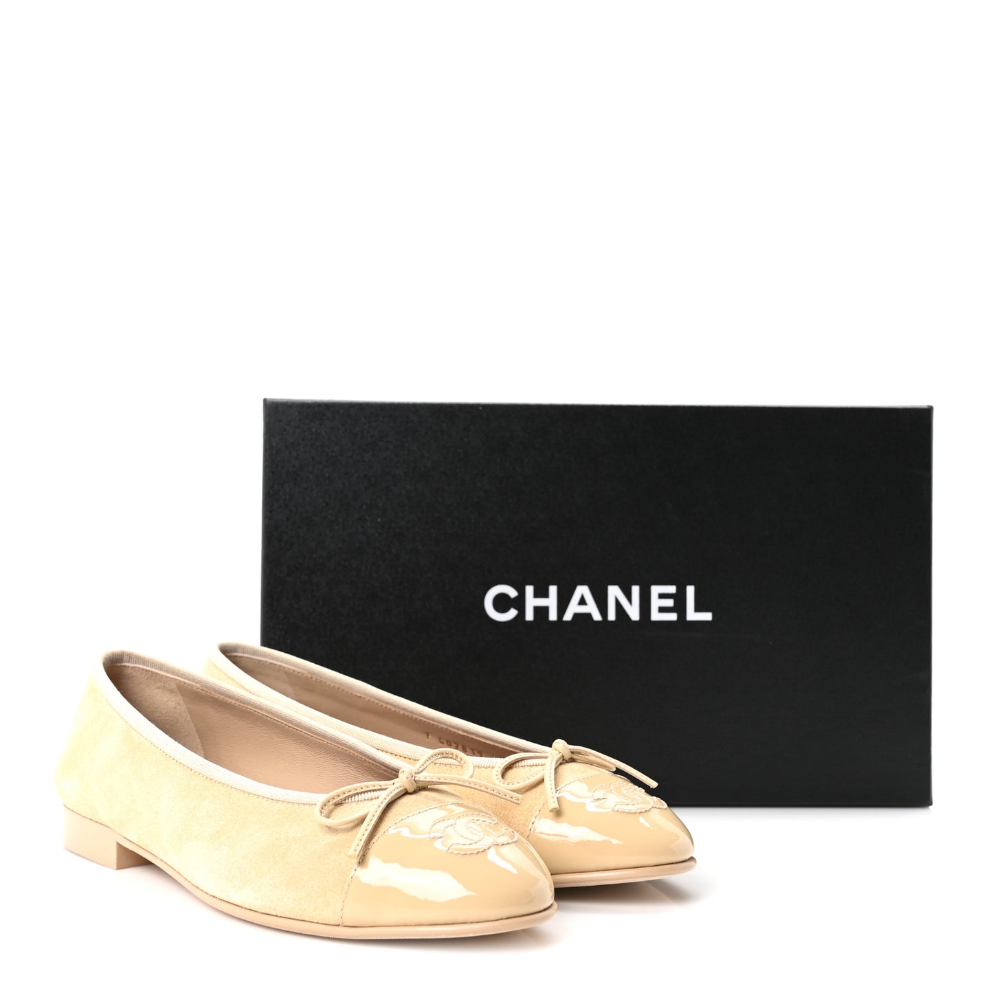 Suede Patent Calfskin Cap Toe CC Ballerina Flats 37 Beige