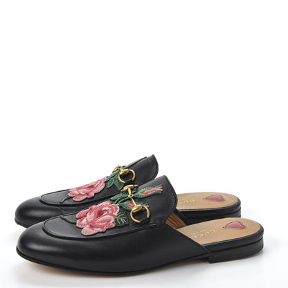 Gucci Calfskin Flower Embroidered Womens Princetown Slippers 38 Black 2 of 13