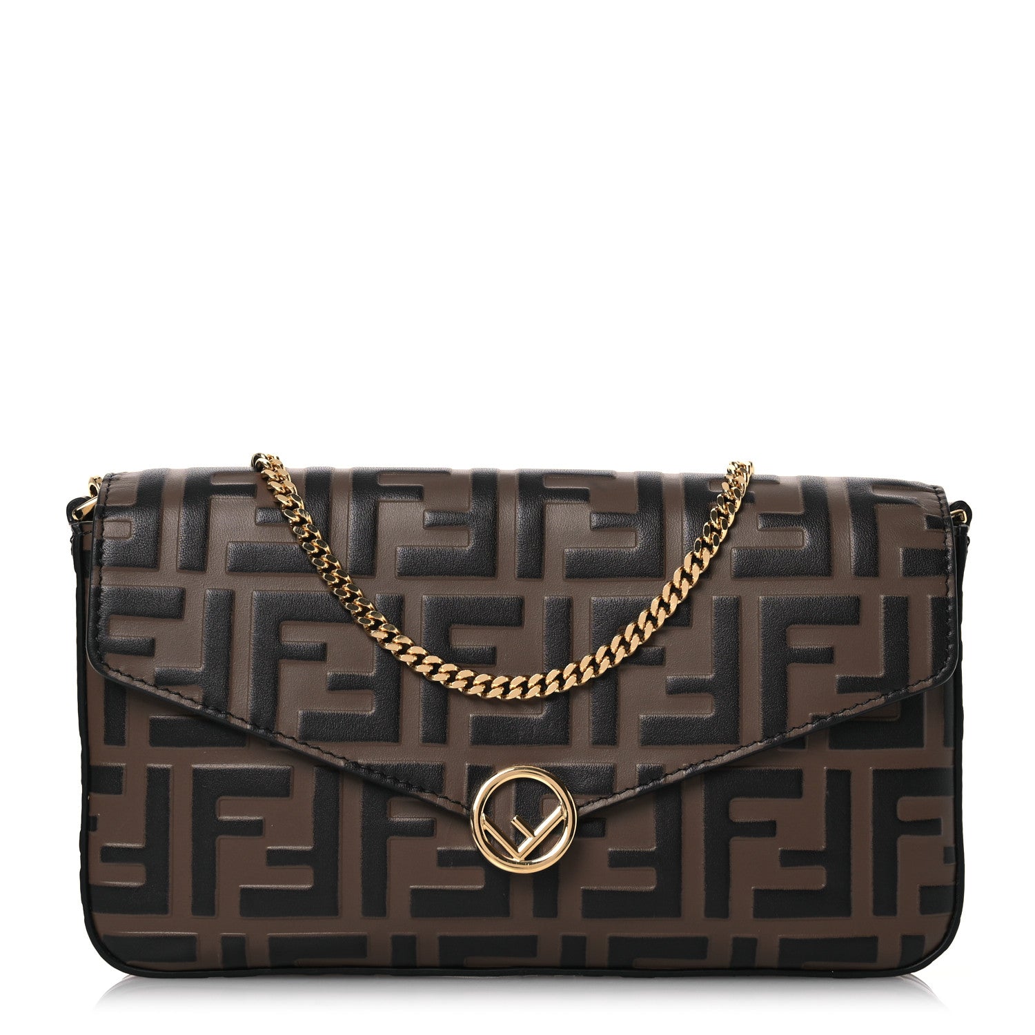 Fendi Vitello Soft F is Fendi Bi-Color FF 1974 Embossed Envelope Wallet On Chain with Pouches Maya Black 1 of 16