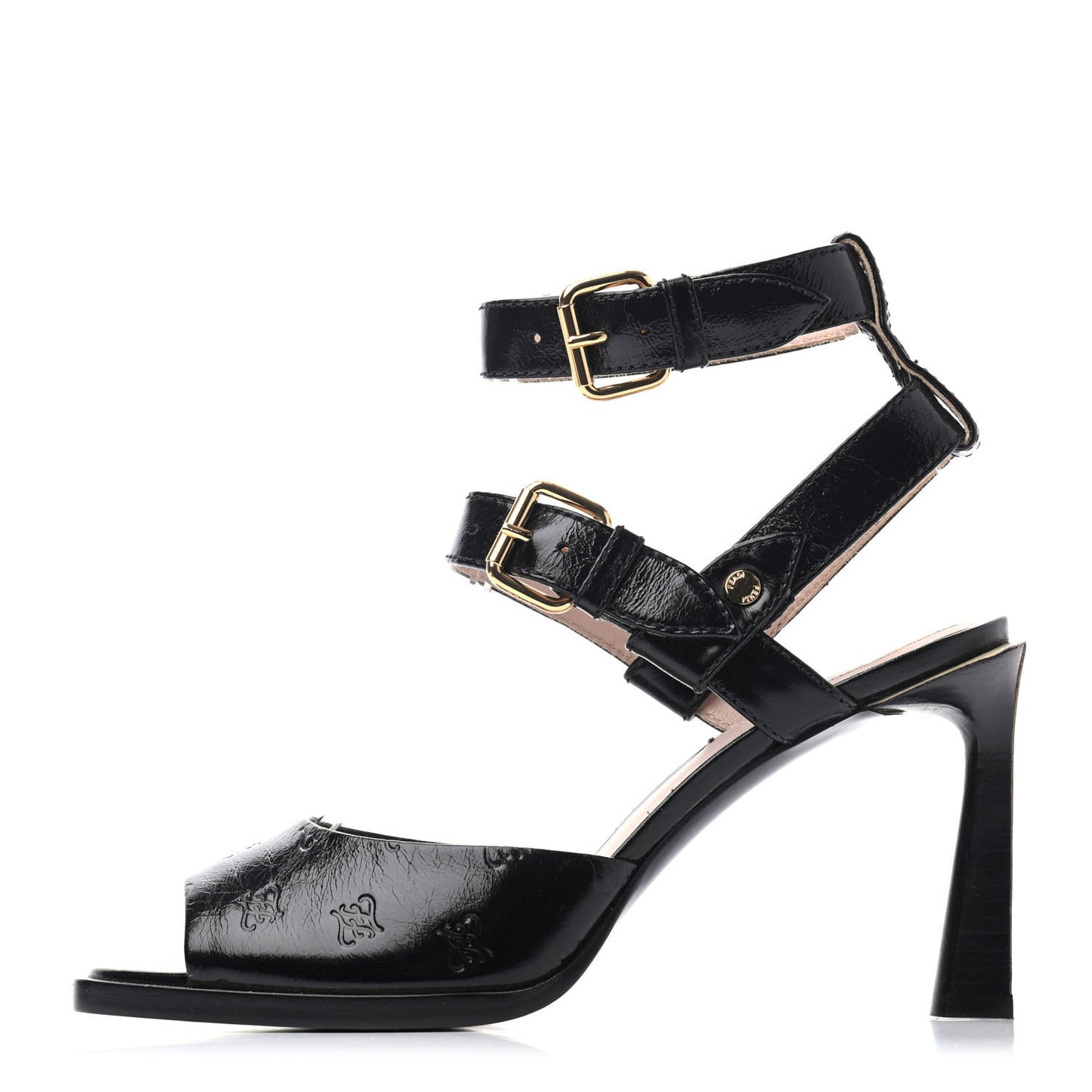 Vitello Karligraphy Embossed FFrame Ankle Strap Sandals 38 Black
