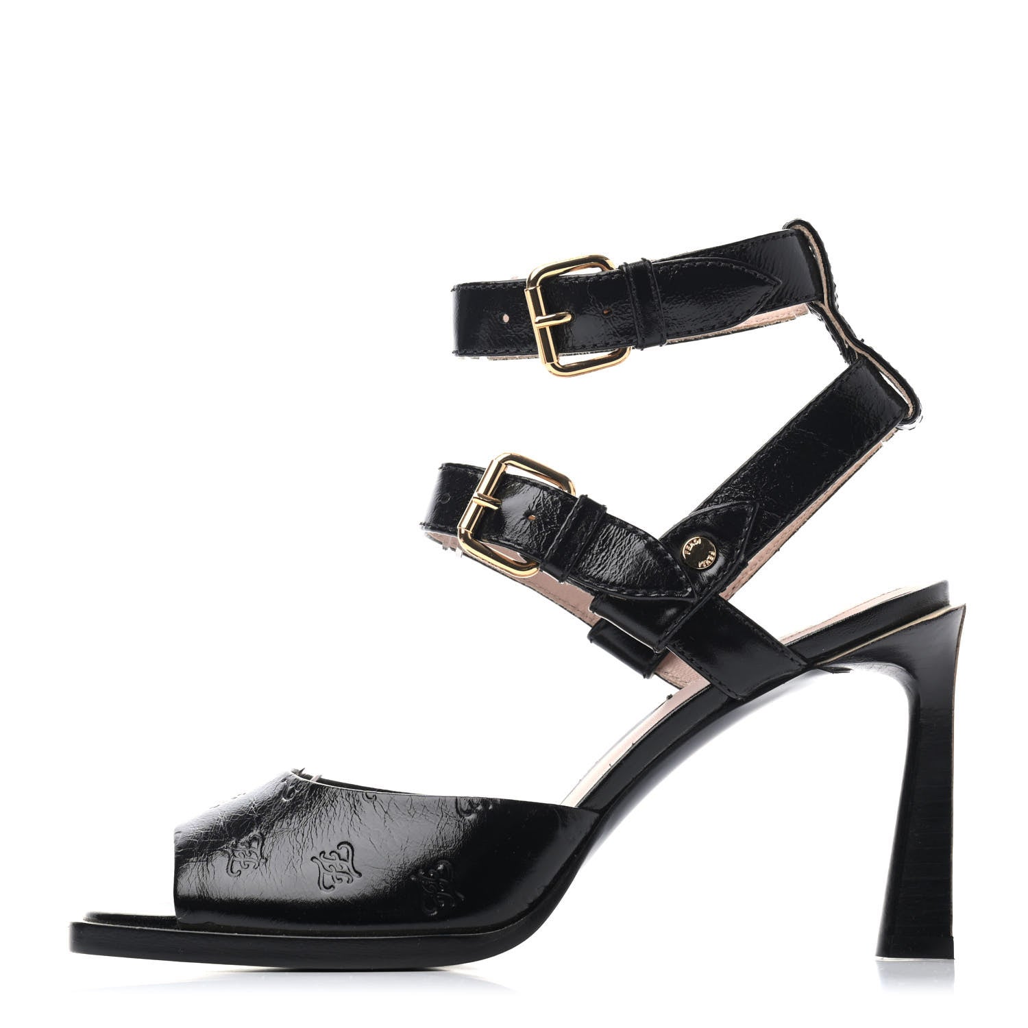 Fendi Vitello Karligraphy Embossed FFrame Ankle Strap Sandals 38 Black 1 of 4