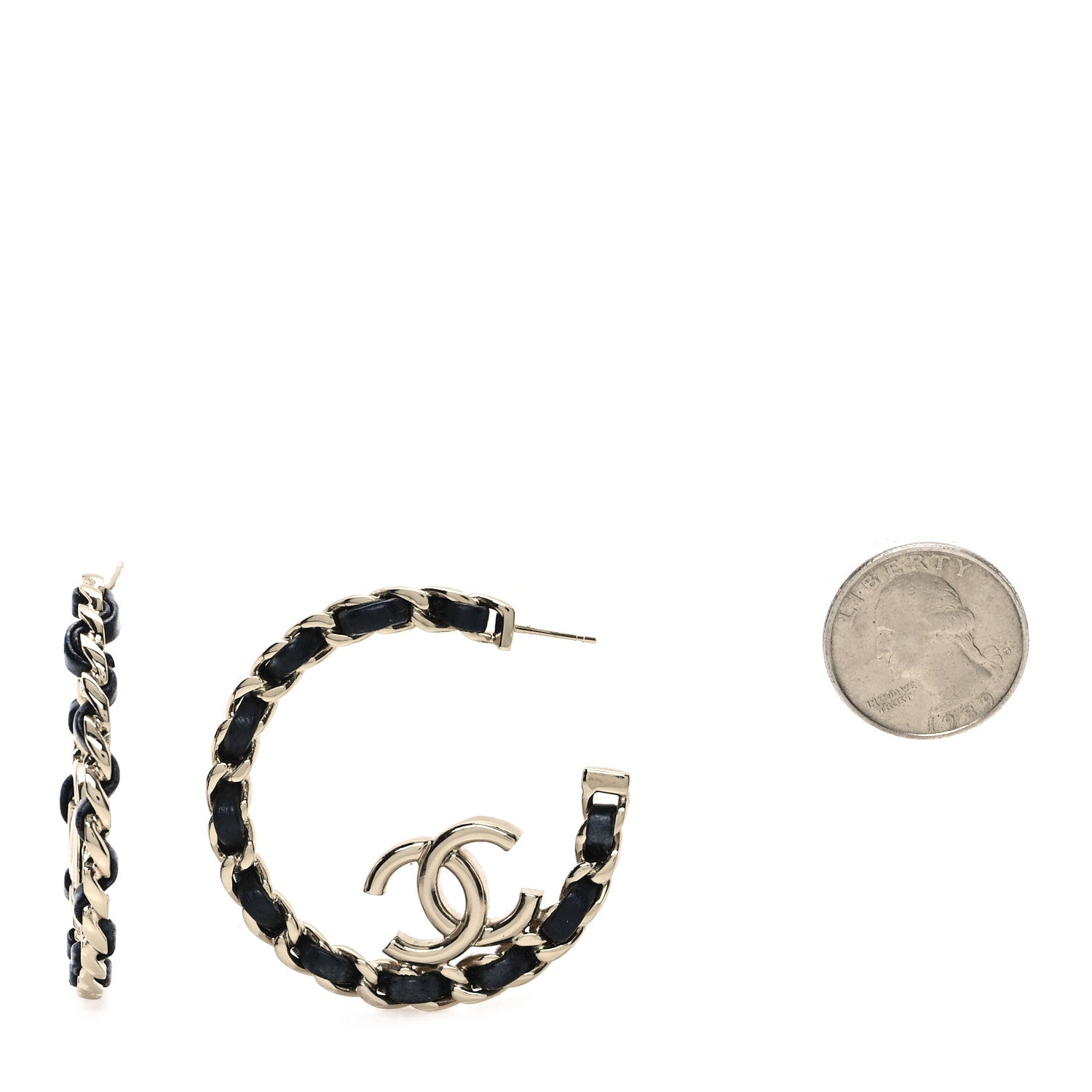 Chanel Metal Lambskin Quilted CC Chain Hoop Earrings Gold Black 2 of 6