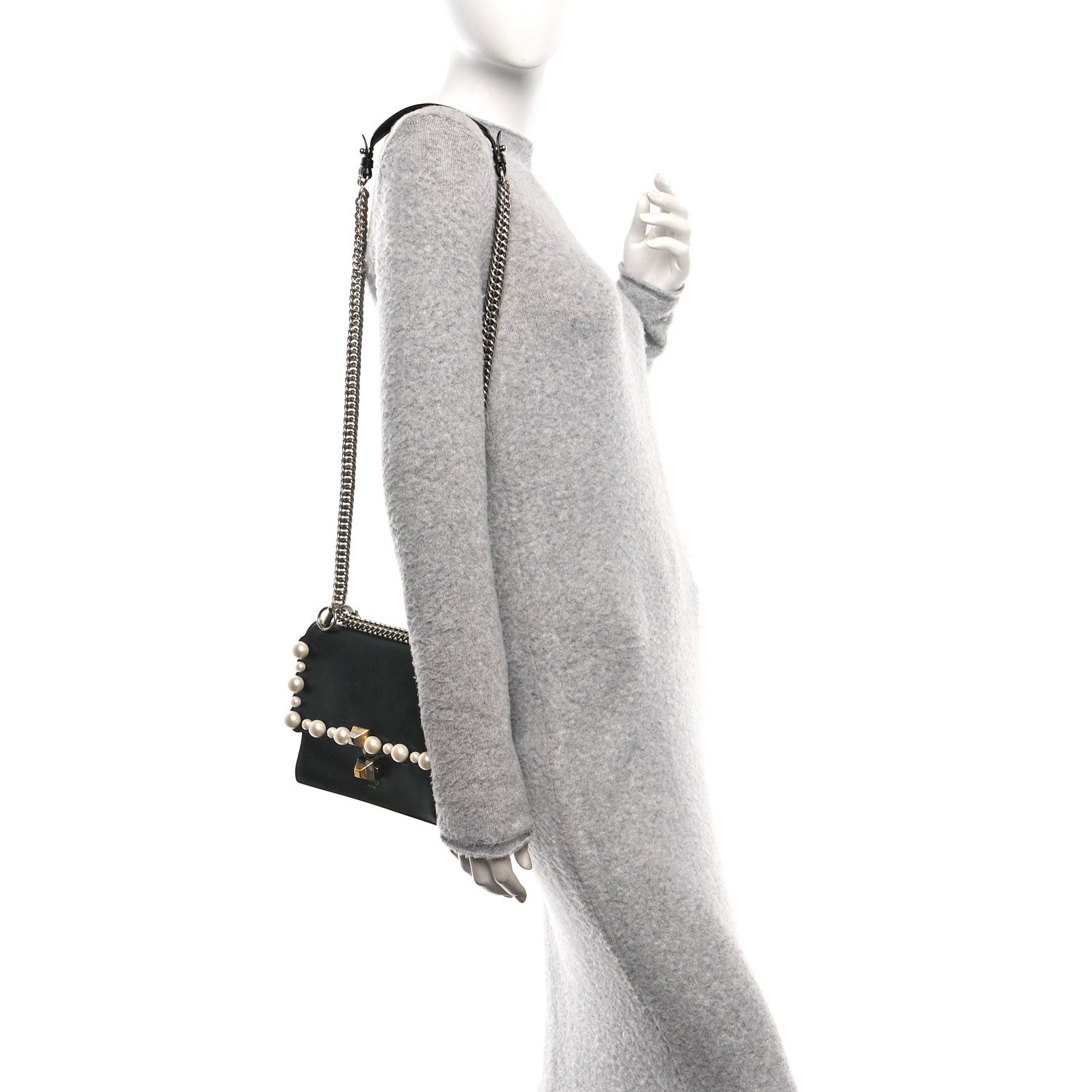 Fendi Vitello Liberty Pearl Scalloped Studded Small Kan I Shoulder Bag Black 3 of 19