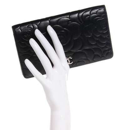 Chanel Lambskin Camellia Embossed Yen Wallet Black 2 of 8