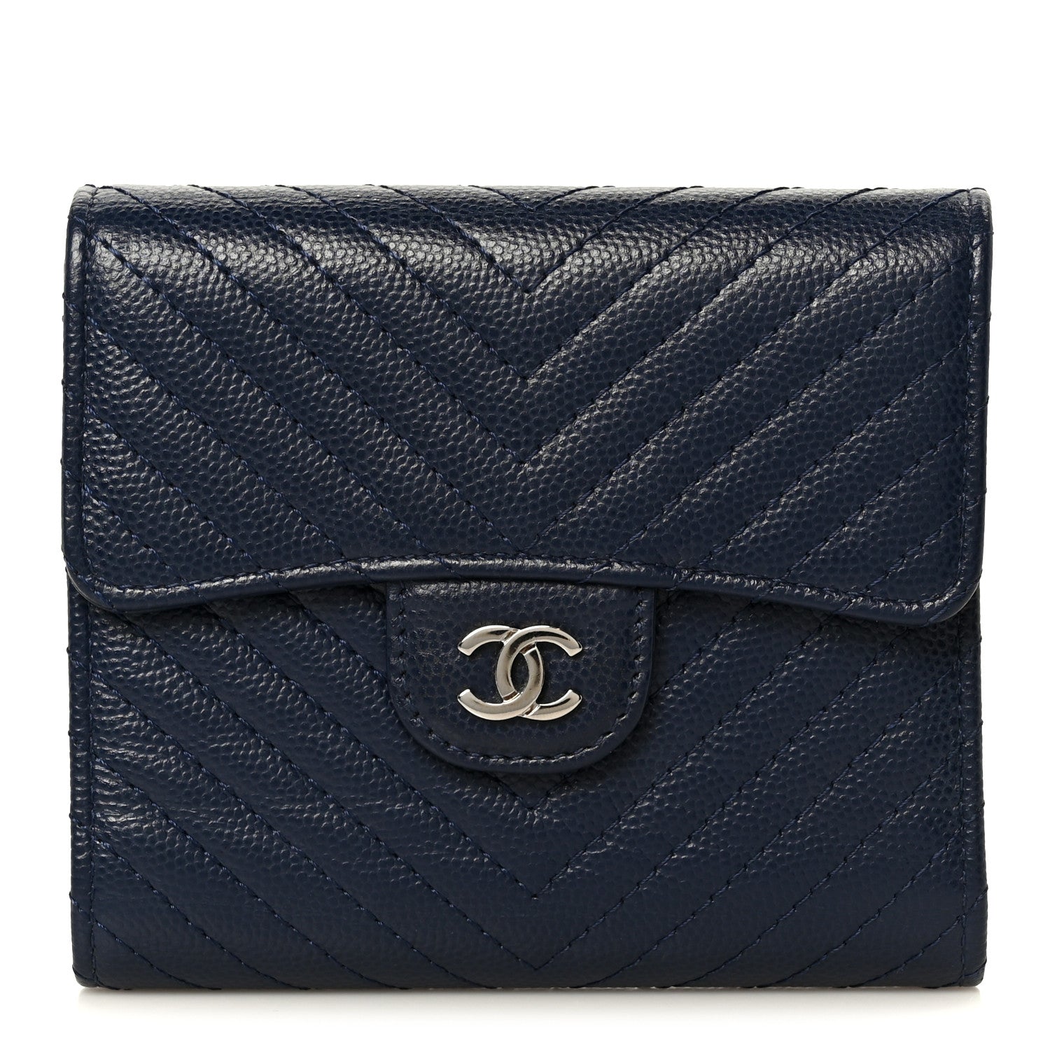 Chanel Caviar Chevron Quilted Compact Flap Wallet Navy 1 of 11