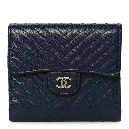 Chanel Caviar Chevron Quilted Compact Flap Wallet Navy 1 of 11