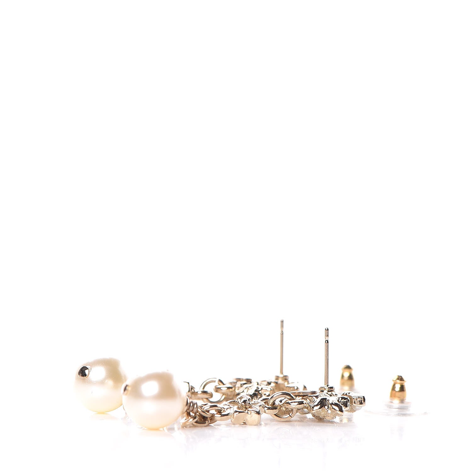 Chanel Pearl Crystal CC Flower Drop Earrings Gold White Nacre 3 of 5
