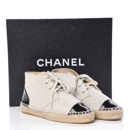 Chanel Crackled Calfskin Cap Toe Lace Up Espadrilles 35 Light Beige Black 8 of 8