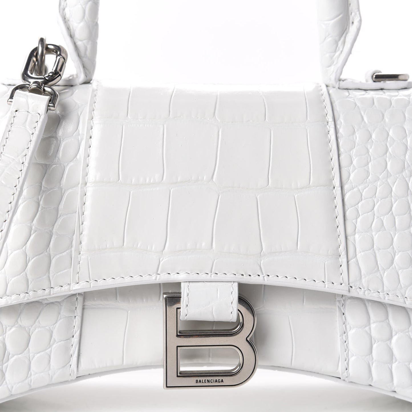 Shiny Calfskin Crocodile Embossed Hourglass Top Handle Bag XS White