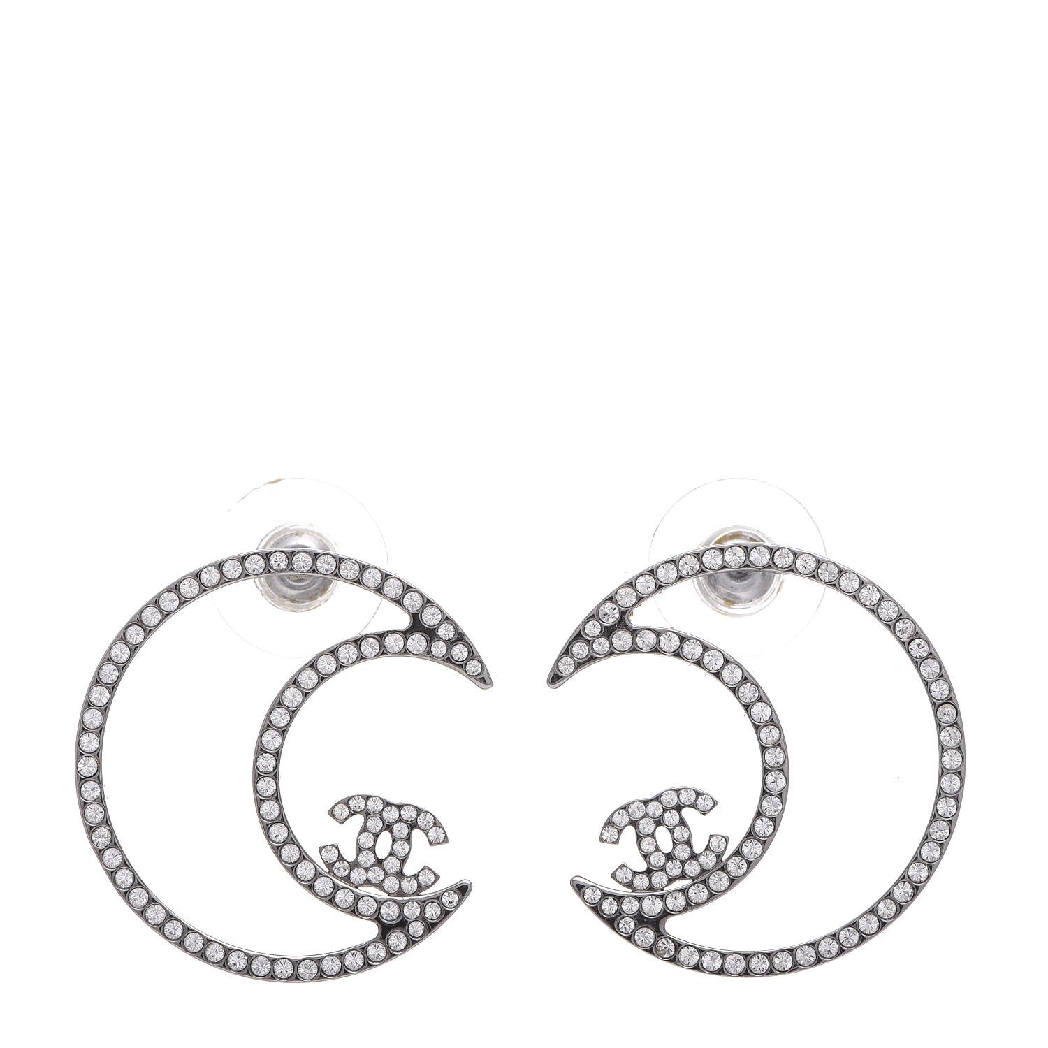 Chanel Strass Crystal CC Moon Earrings Silver 1 of 5