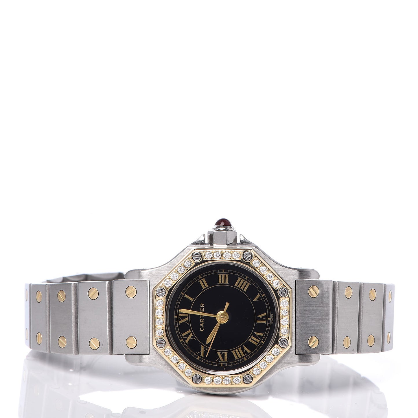 Stainless Steel 18K Yellow Gold Diamond 25mm Santos Octagon Automatic Watch Black