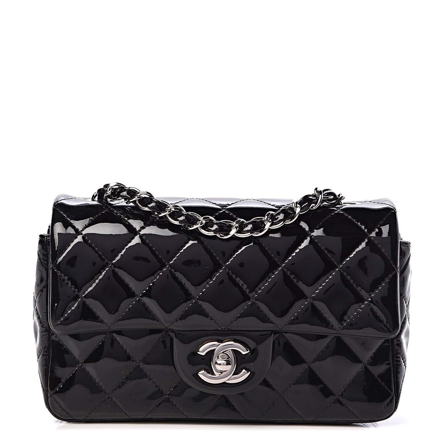 Patent Calfskin Quilted Mini Rectangular Flap Black