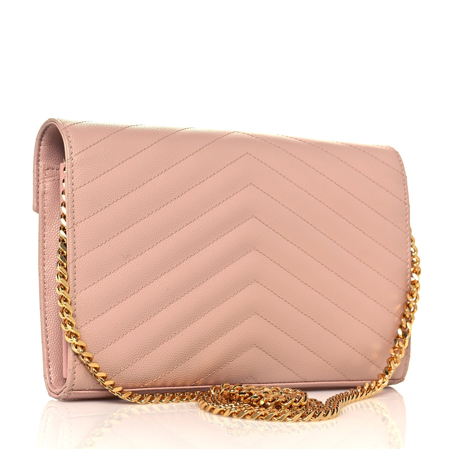 Saint Laurent Grain De Poudre Matelasse Chevron Monogram Chain Wallet Pale Pink 3 of 13