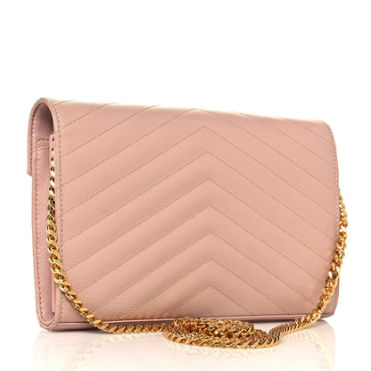 Saint Laurent Grain De Poudre Matelasse Chevron Monogram Chain Wallet Pale Pink 3 of 13