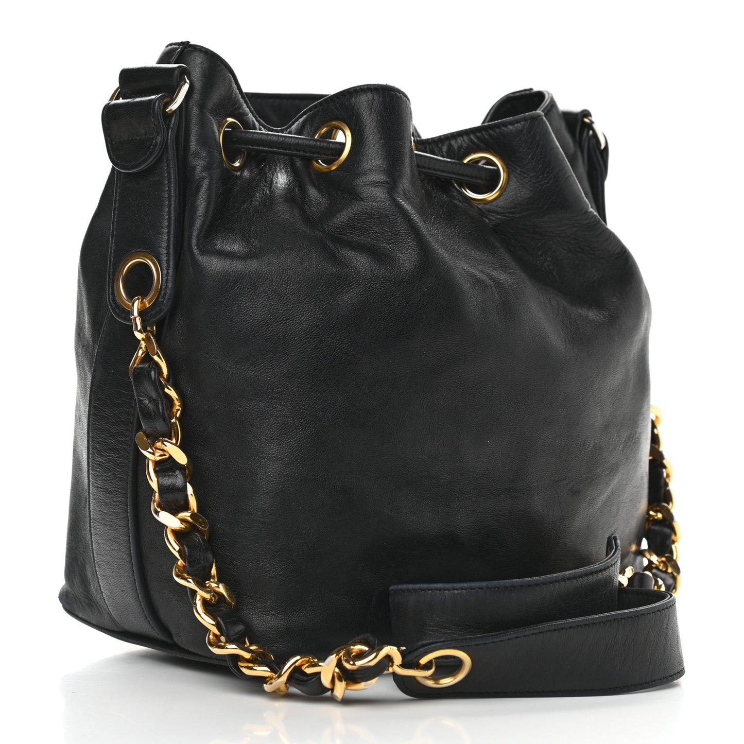 Lambskin CC Stitched Drawstring Bucket Bag Black