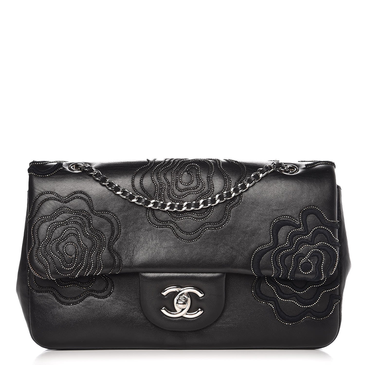 Chanel Lambskin Studded Camellia Embroidered Medium Flap Black 1 of 9