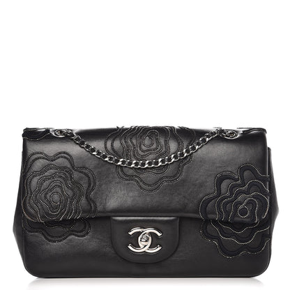 Chanel Lambskin Studded Camellia Embroidered Medium Flap Black 1 of 9