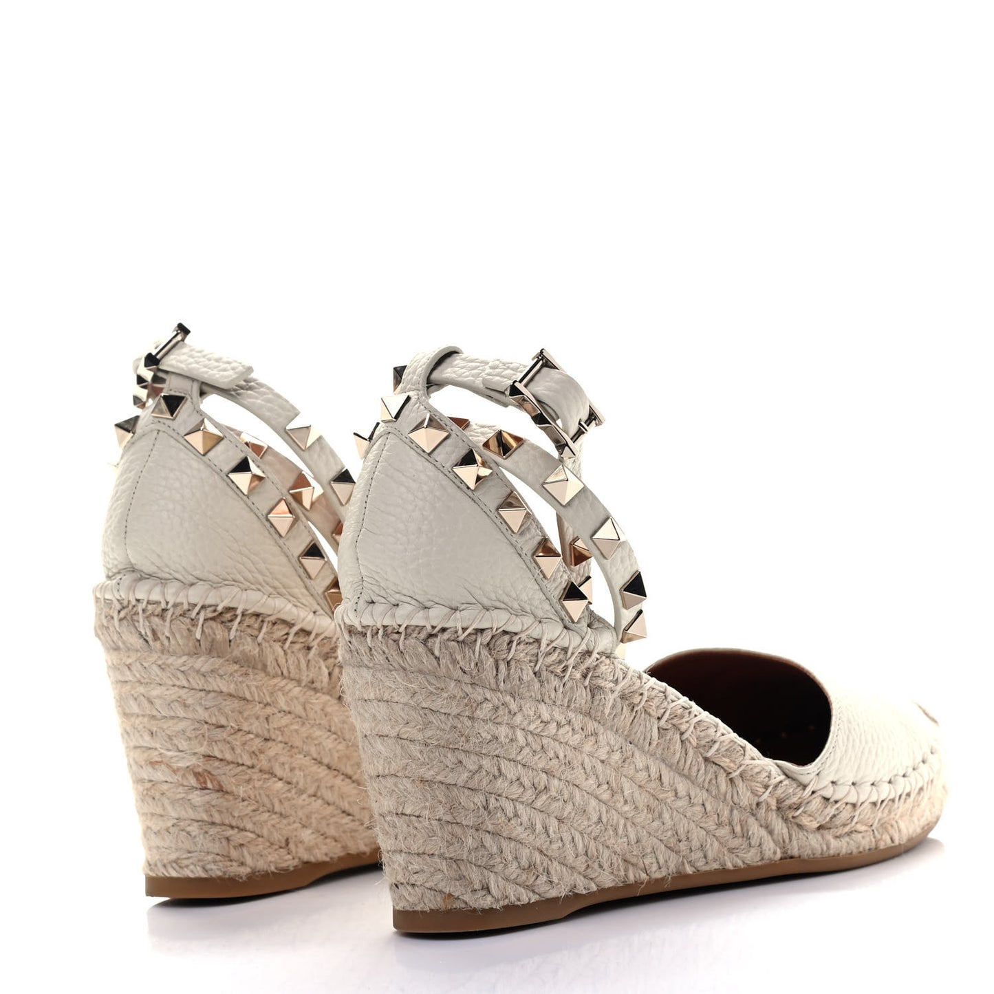 Grained Calfskin Rockstud Ankle Wrap Espadrille 15/85mm Wedges 35 Light Ivory