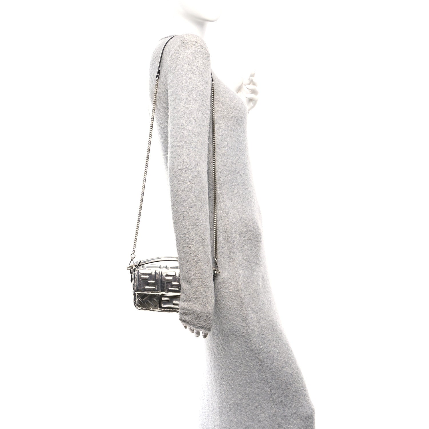 Fendi Vitello Catalan Mirror FF 1974 Embossed Mini Baguette Argento 2 of 10
