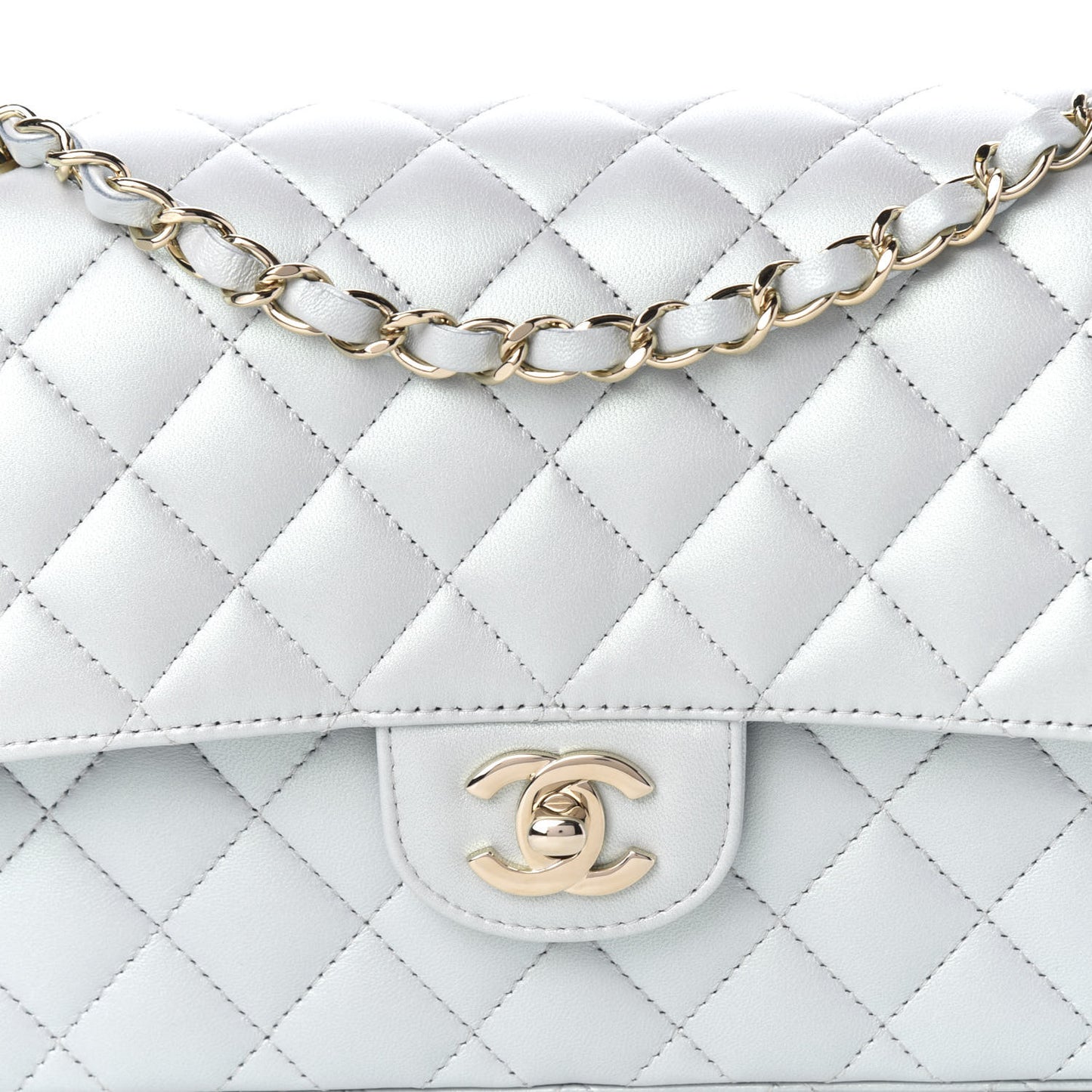 Iridescent Lambskin Quilted Medium Double Flap Light Blue