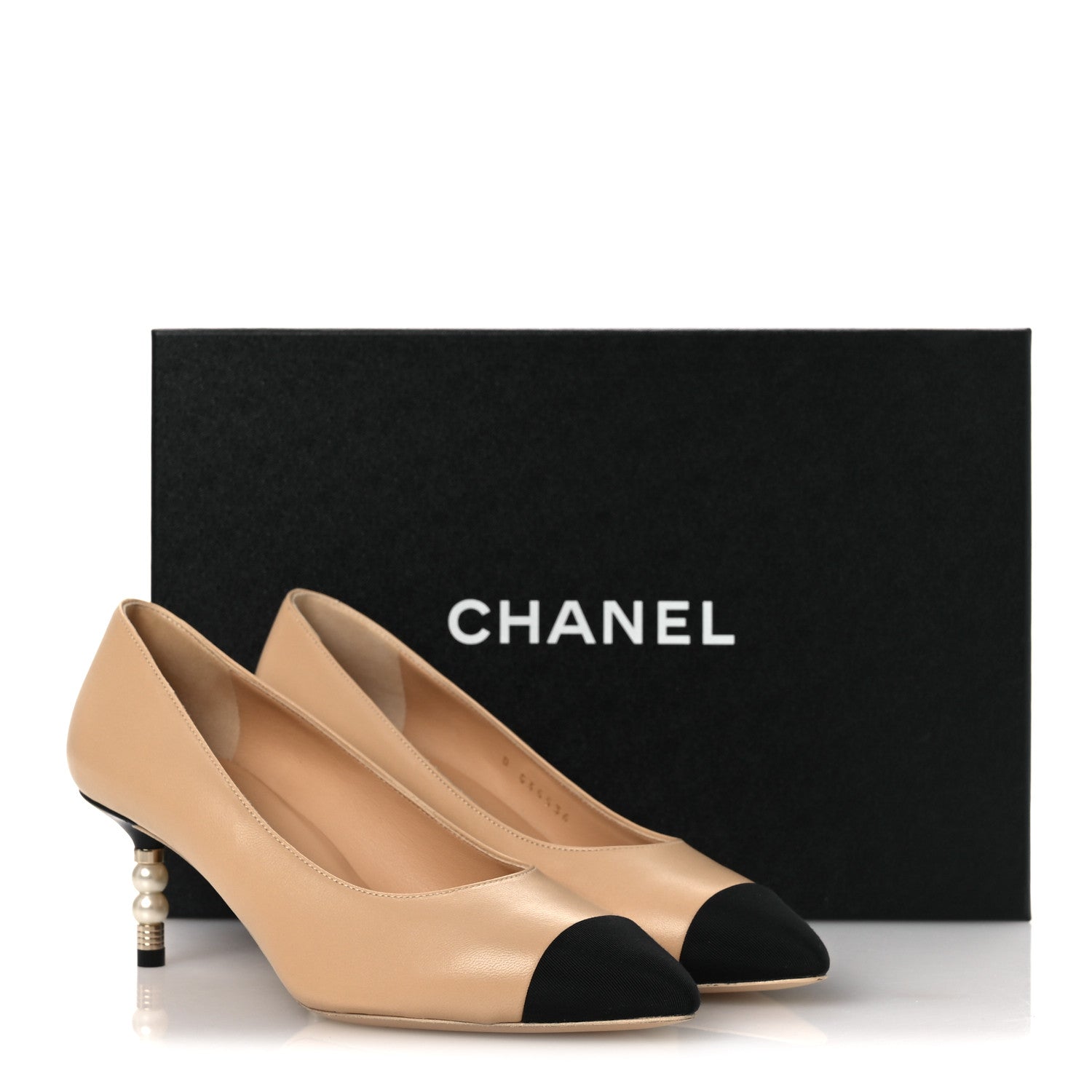 Chanel Lambskin Grosgrain Cap Toe CC Pearl Pumps 36.5 Beige Black