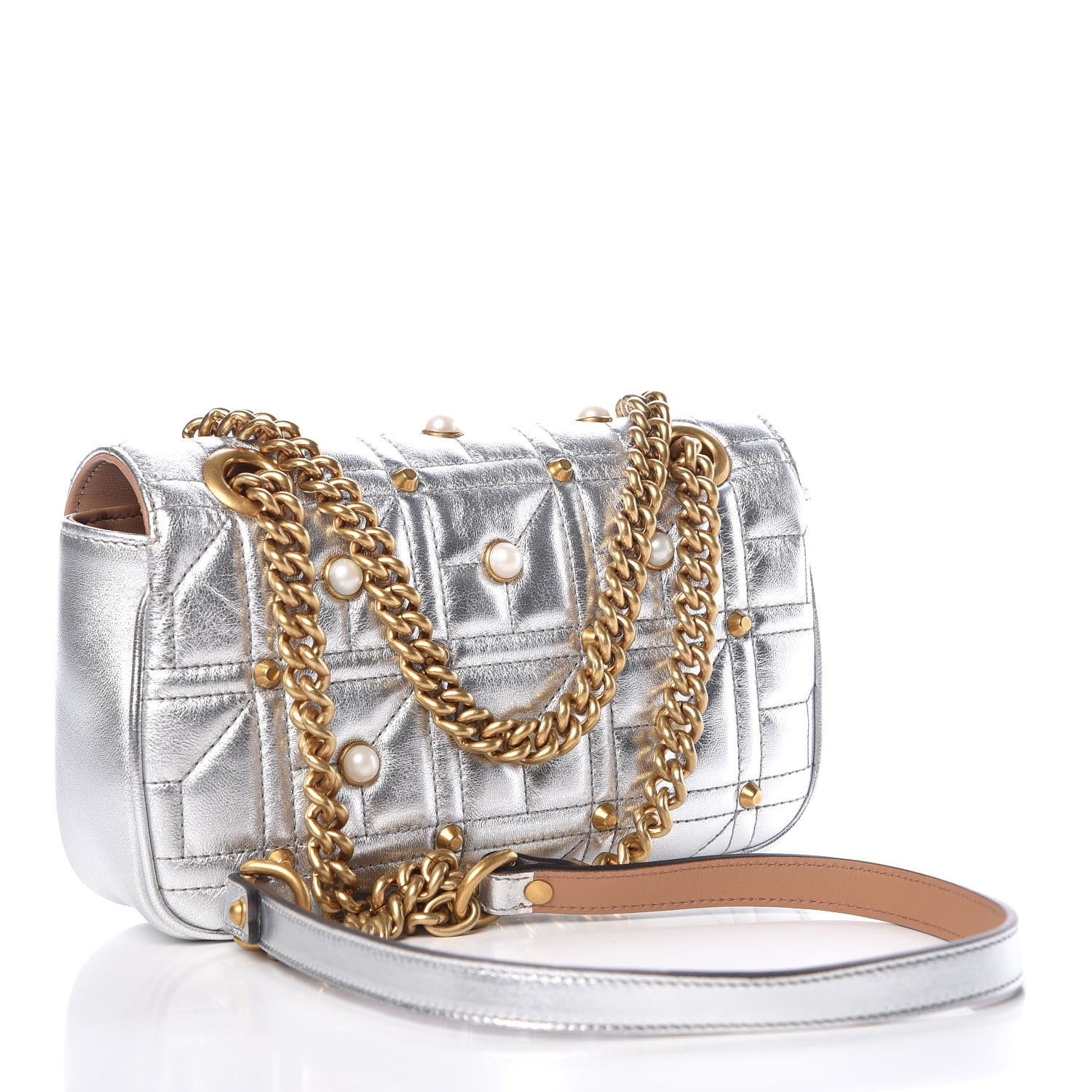 Gucci Metallic Calfskin Matelasse Studded Mini Pearly GG Marmont Shoulder Bag Silver 3 of 9