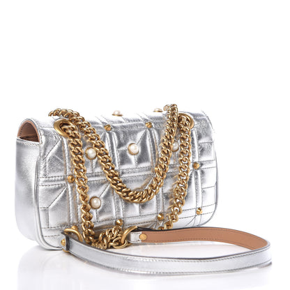 Gucci Metallic Calfskin Matelasse Studded Mini Pearly GG Marmont Shoulder Bag Silver 3 of 9