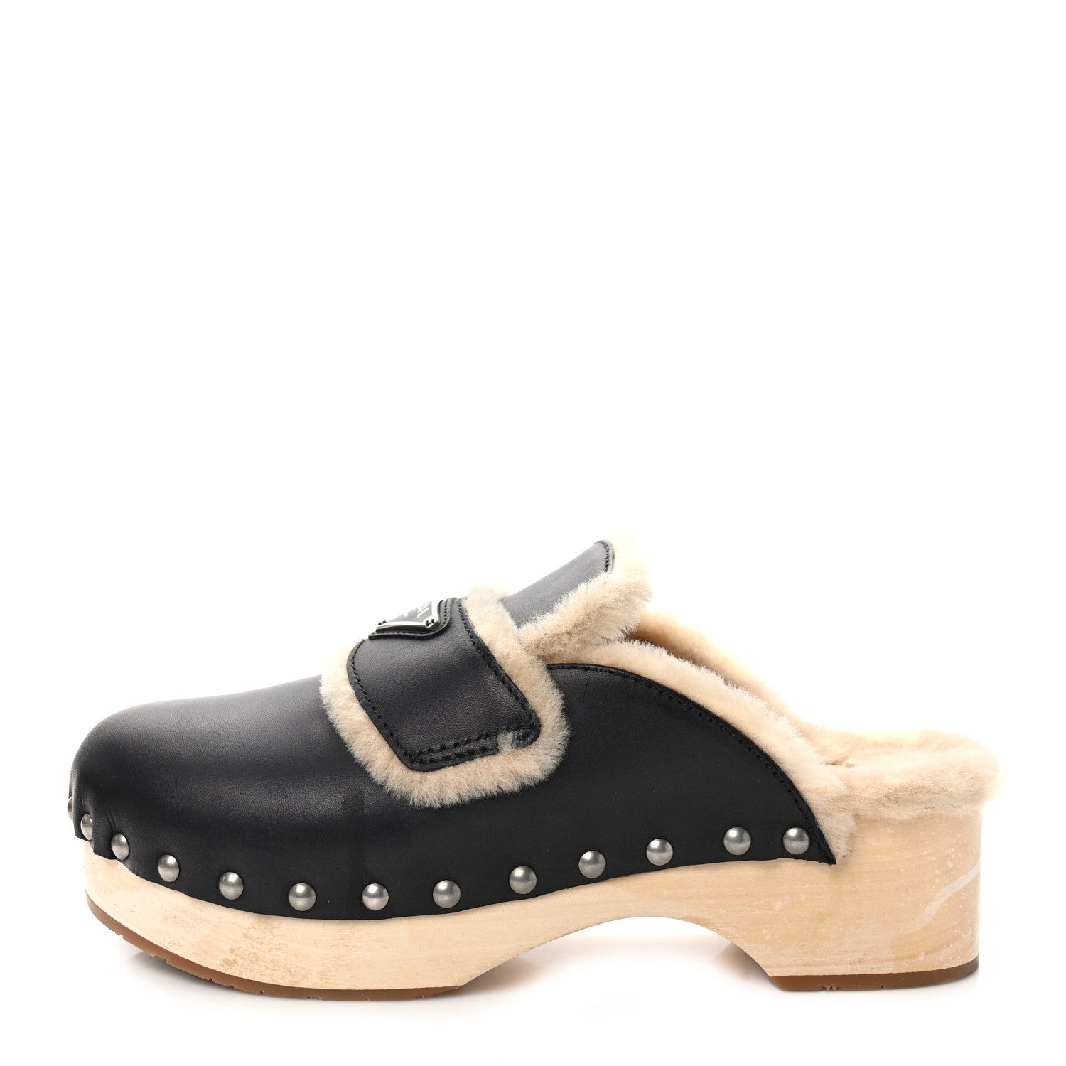 Prada Natural Calfskin Shearling Metal Triangle Logo 45mm Clogs 40 Black Sabbia 1 of 9
