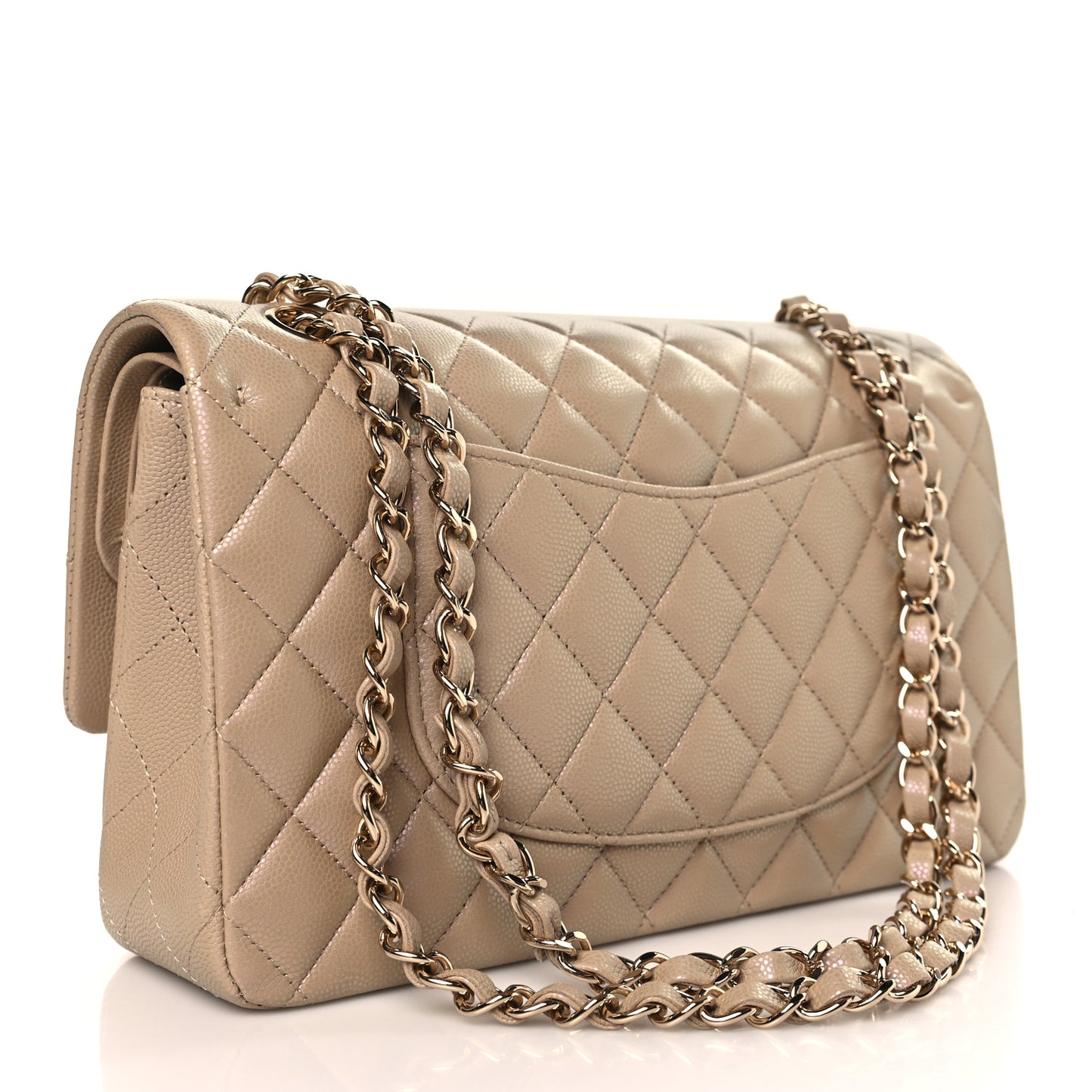 Iridescent Caviar Quilted Medium Double Flap Dark Beige