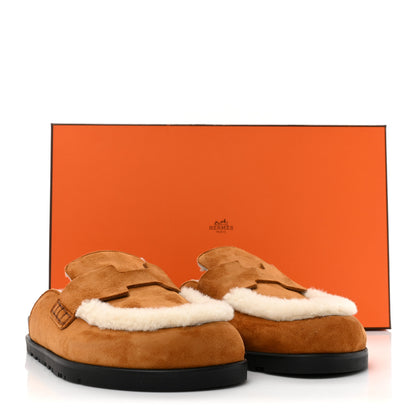 Hermes Suede Goatskin Shearling Go Mules 36 Beige Kraft Ecru 10 of 10