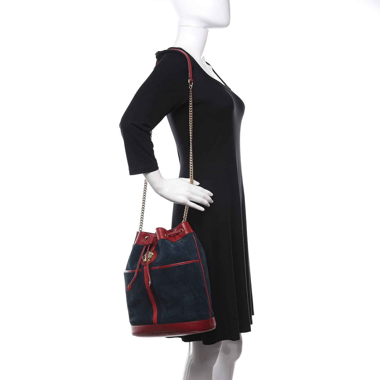 Gucci Suede Calfskin Web Medium Rajah Bucket Bag New Blue Romantic Cherry 2 of 11