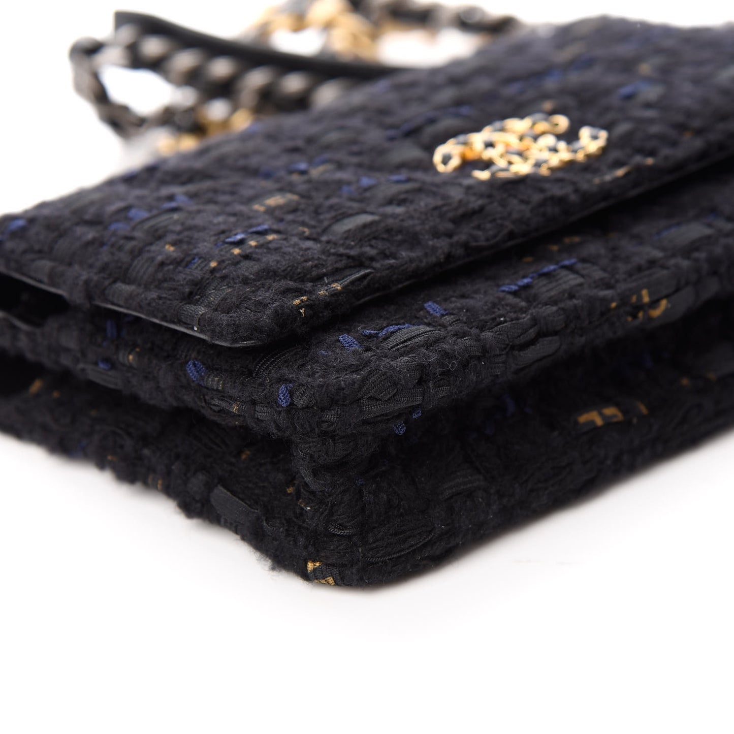 Tweed Quilted Chanel 19 Wallet On Chain WOC Black Navy Gold