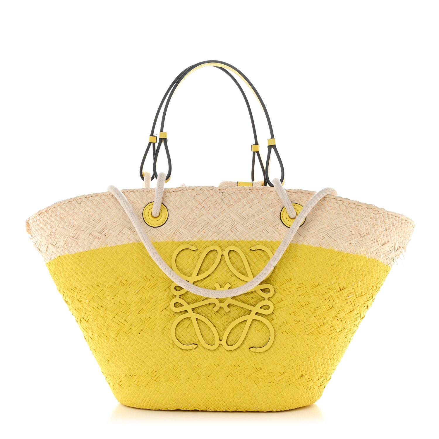 Loewe Calfskin Raffia Paulas Ibiza Medium Anagram Basket Tote Bag Natural Lemon 1 of 13