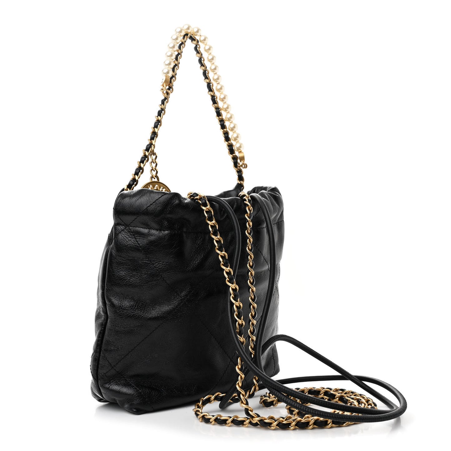 Shiny Crumpled Calfskin Quilted Pearl Mini Chanel 22 Black