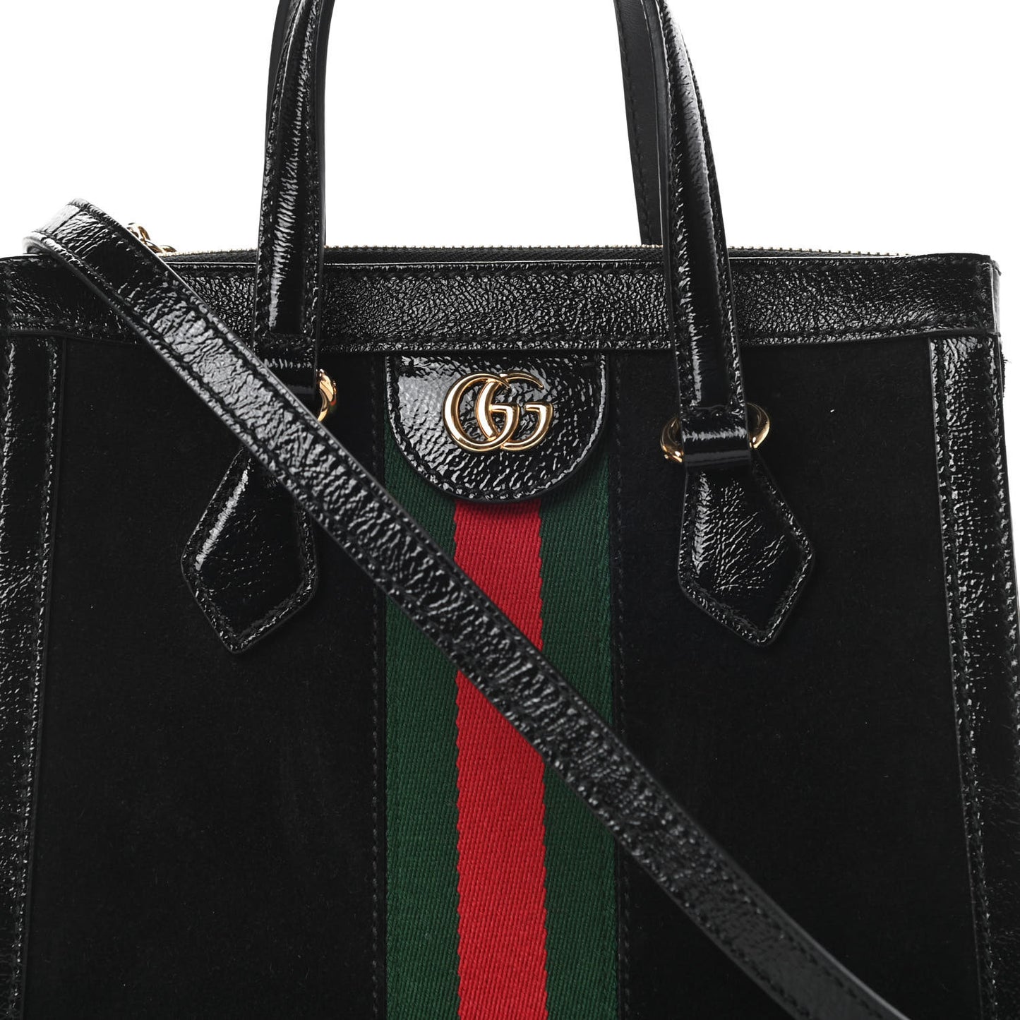 Suede Patent GG Web Small Ophidia Tote Bag Black