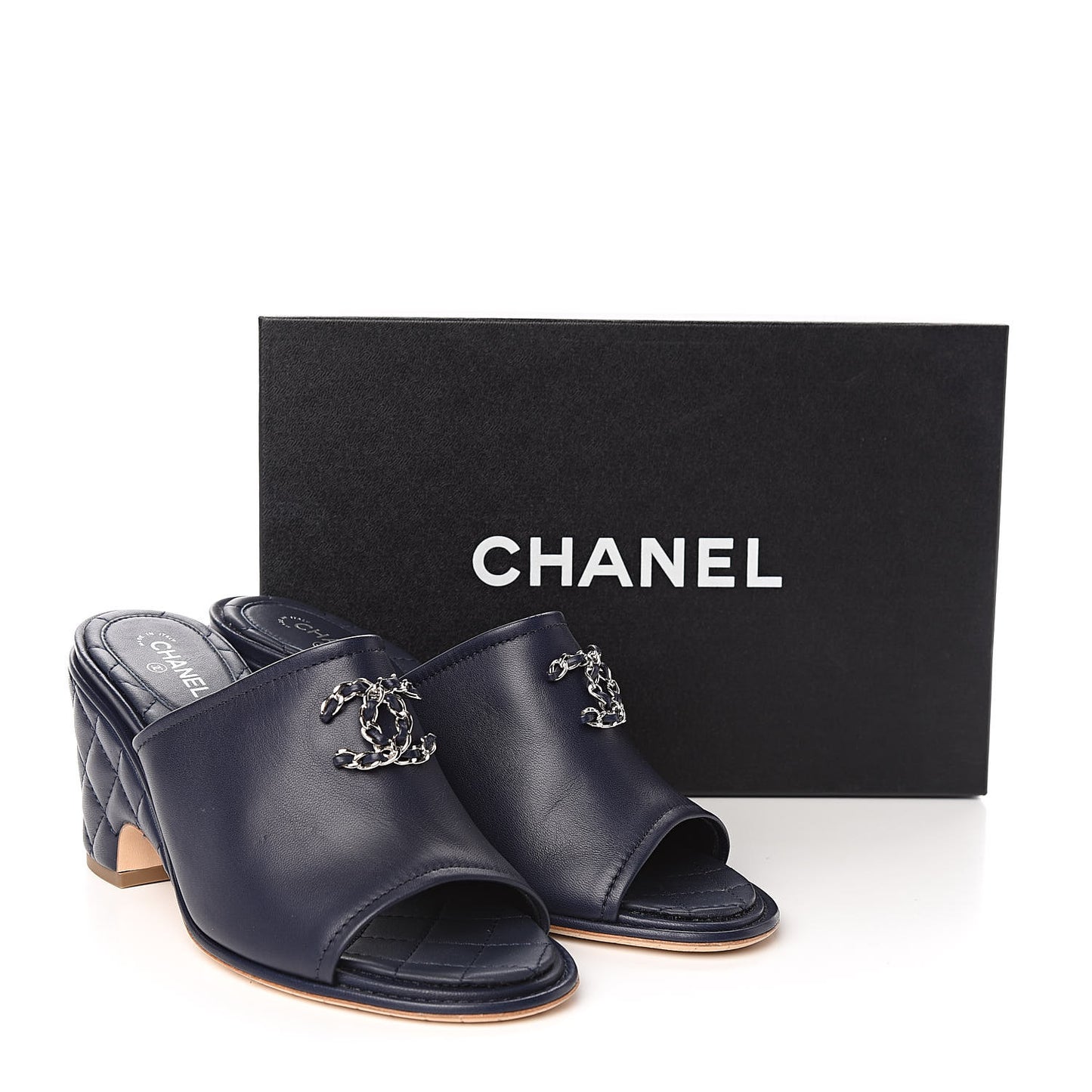 Lambskin Quilted CC Chain Mules 38.5 Navy