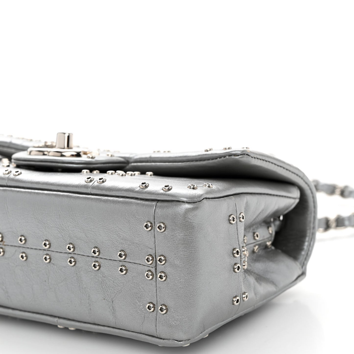 Glazed Calfskin Grommet Embellished Mini Airline Rectangular Flap Silver